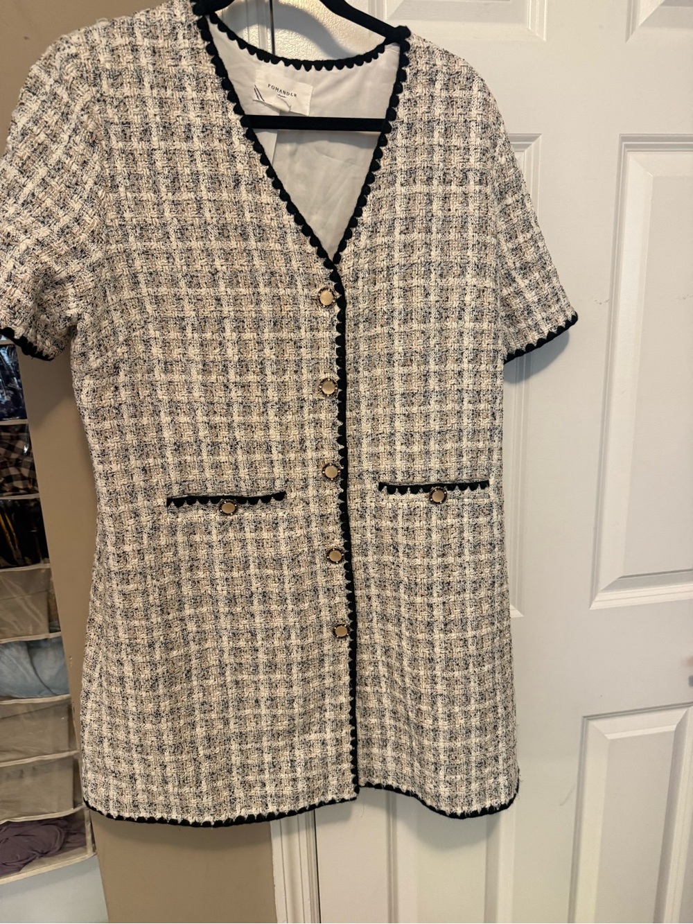 Pomander Place Tweed Button-Front Short Sleeve Dress Jacket in Cream & Black